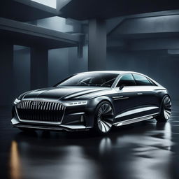 An enchanting 8K resolution, 1080HP picture quality vision of an all-new, luxurious Audi, designed by Maybach. The concept is staged against a dramatic, rain-washed backdrop, expressing elegance and high-tech power.