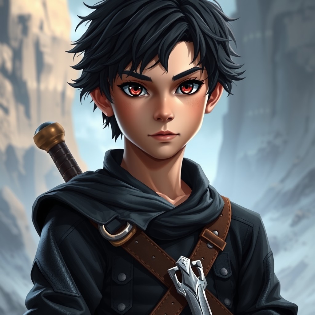 A young warrior with fair skin and striking black eyes with red details within the iris