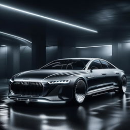 An enchanting 8K resolution, 1080HP picture quality vision of an all-new, luxurious Audi, designed by Maybach. The concept is staged against a dramatic, rain-washed backdrop, expressing elegance and high-tech power.