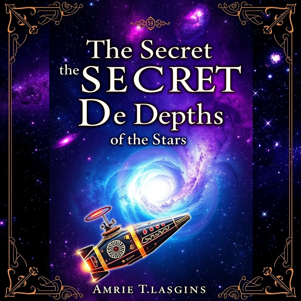 A captivating book cover for 'The Secret in the Depths of the Stars', featuring a celestial scene with a mesmerizing galaxy filled with vibrant colors like deep purples, blues, and shimmering whites