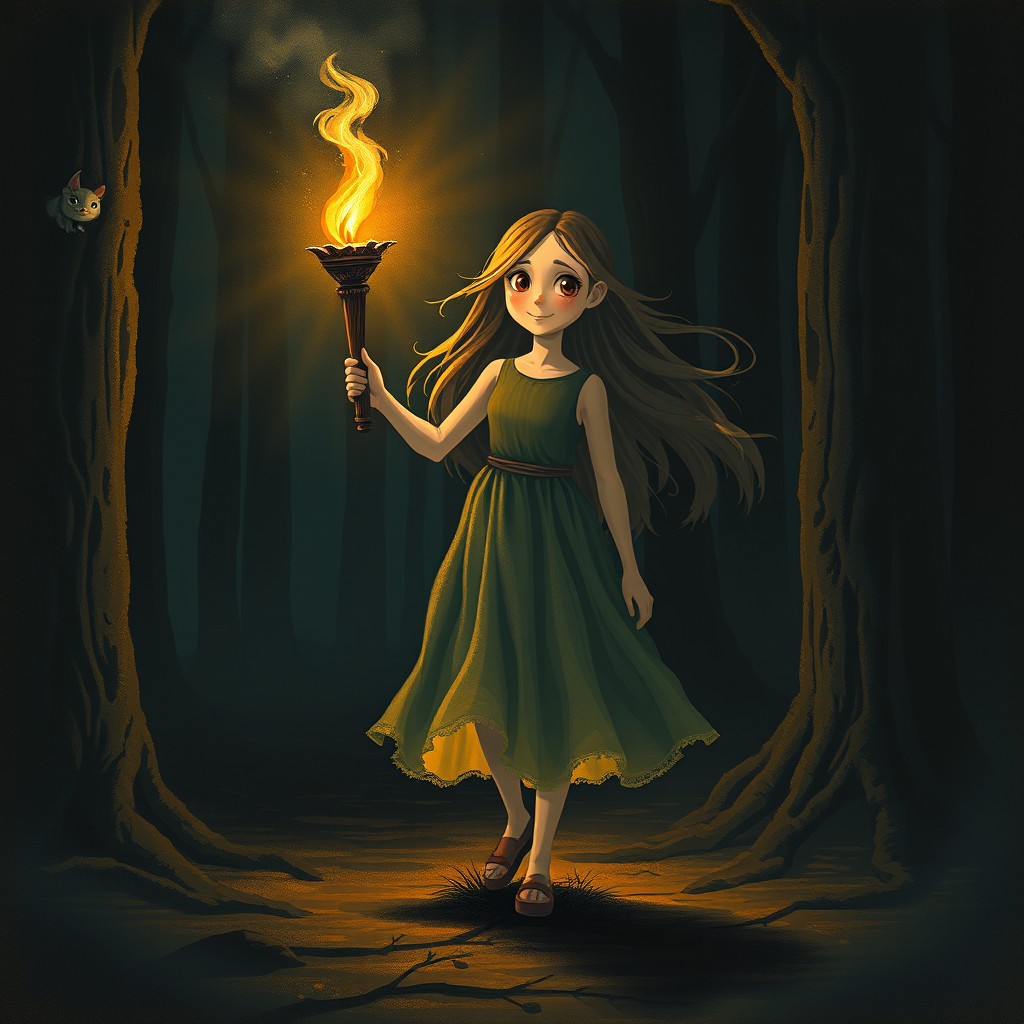 A young girl confidently holding a torch as she walks through a dark, mysterious forest