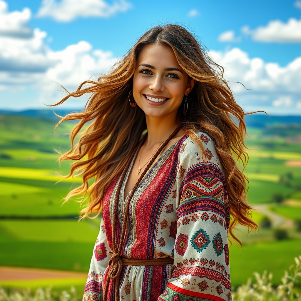 A stunning portrait of a woman named Nina, with long flowing wavy hair cascading down her shoulders