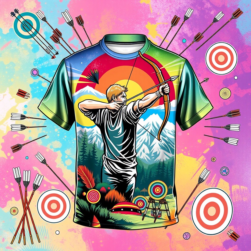 A colorful and dynamic archery-themed shirt design featuring an intricate illustration of an archer in action, with a bow drawn back and an arrow poised to be released