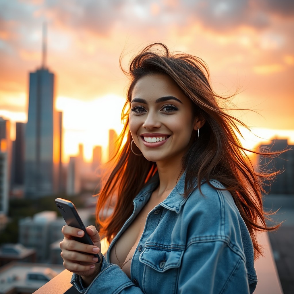 A photorealistic portrait of a beautiful young diverse woman, aged 21-29, standing on an urban rooftop during golden hour