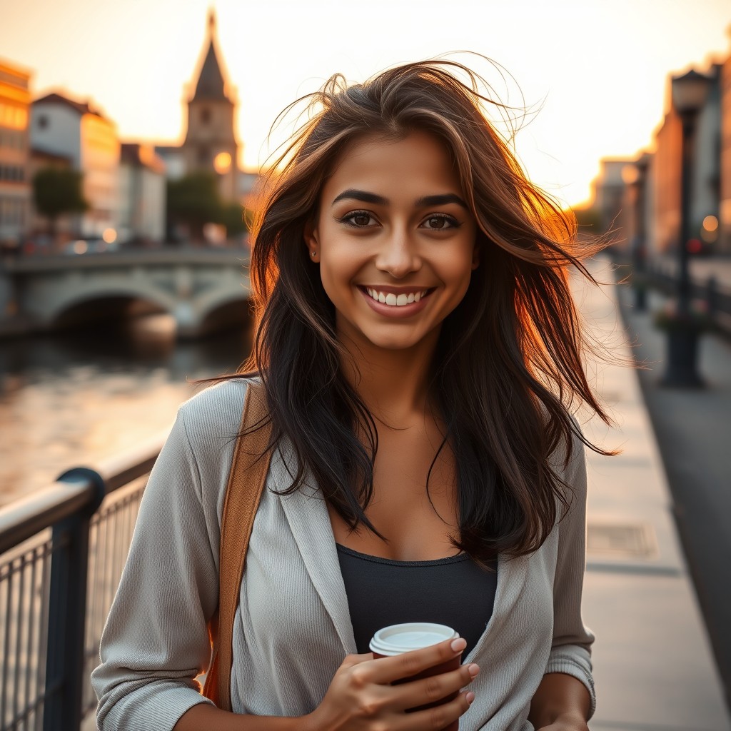 A photorealistic portrait of a beautiful young diverse woman, aged 21-29, walking along an urban embankment during golden hour
