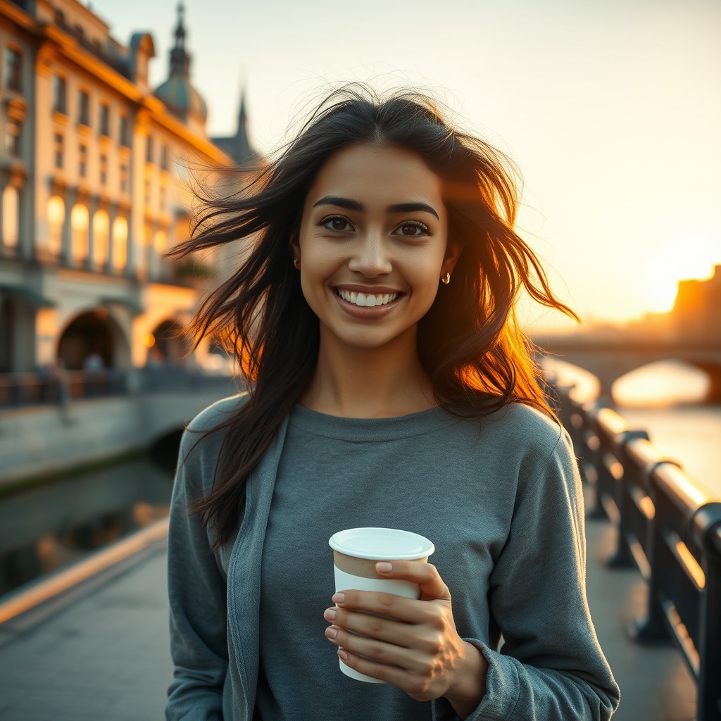 A photorealistic portrait of a beautiful young diverse woman, aged 21-29, walking along an urban embankment during golden hour