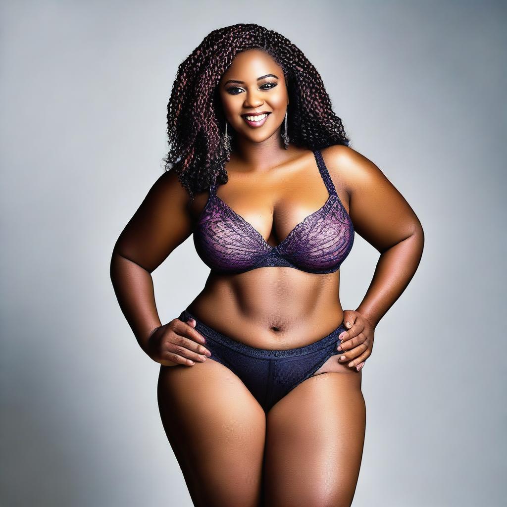 This high-resolution photograph portrays a stunning, young African American woman with a plus-sized figure and intricately braided hair