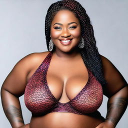 This high-resolution photograph portrays a stunning, young African American woman with a plus-sized figure and intricately braided hair