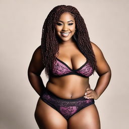 This high-resolution photograph portrays a stunning, young African American woman with a plus-sized figure and intricately braided hair