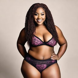 This high-resolution photograph portrays a stunning, young African American woman with a plus-sized figure and intricately braided hair