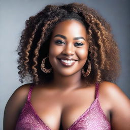 This high-resolution photograph portrays a stunning, young African American woman with a plus-sized figure and intricately braided hair