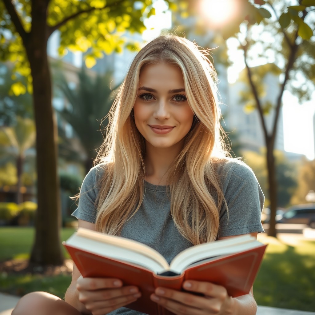 A realistic photo of a young Caucasian blonde woman sitting in a city park, reading a book