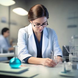 Closer 3D perspective of a laboratory with Dr. Lauren, a genius scientist, engrossed in conducting a sophisticated experiment.