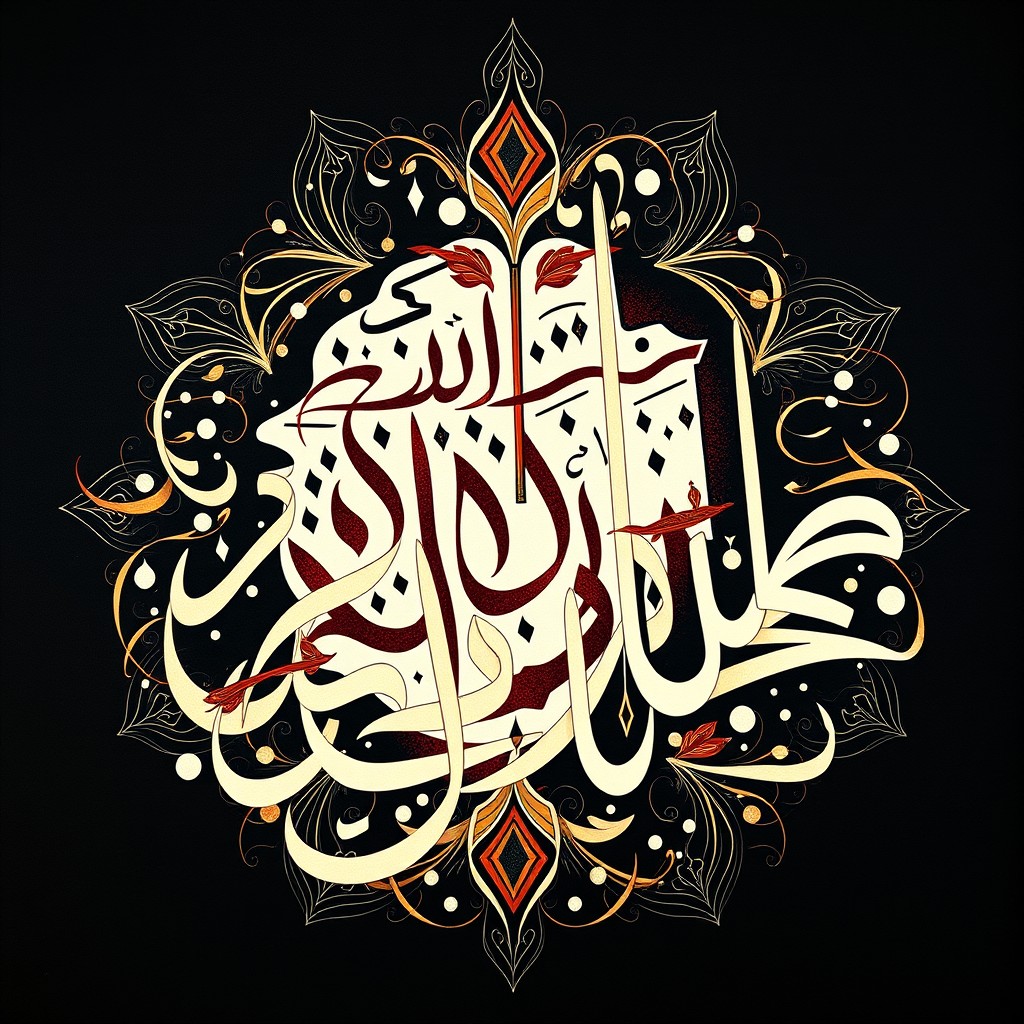 A beautiful artwork featuring intricate Arabic calligraphy, showcasing elegant script with flowing curves and geometric patterns