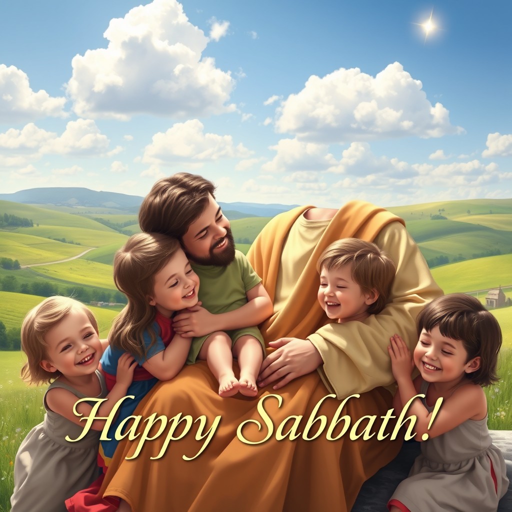 A heartwarming scene of Jesus lovingly holding children on His lap, with several children joyfully gathered around Him