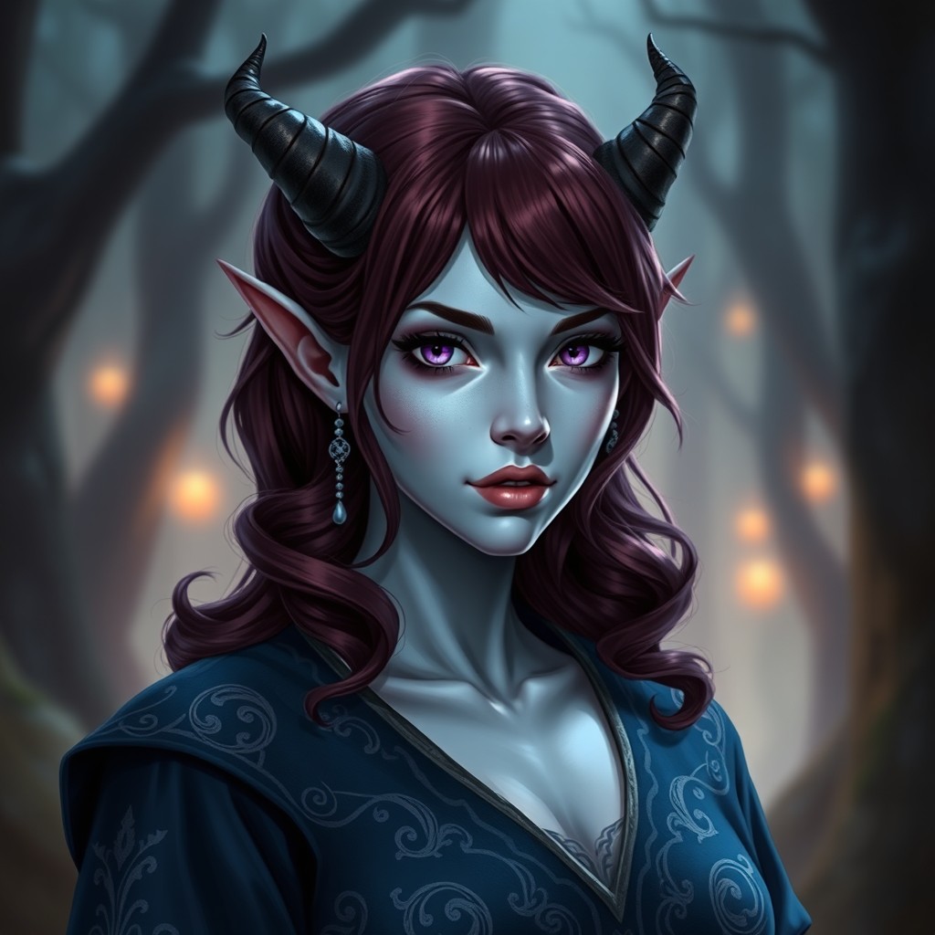 An elegant tiefling cleric with light blue skin and small, slightly twisted horns extending from her forehead