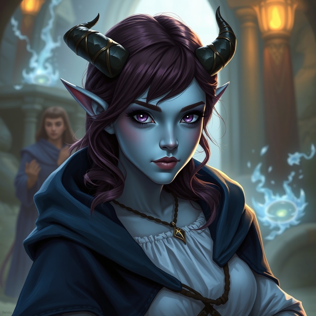 A female tiefling Dungeons & Dragons character, depicted as a life cleric