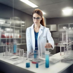 Closer 3D perspective of a laboratory with Dr. Lauren, a genius scientist, engrossed in conducting a sophisticated experiment.