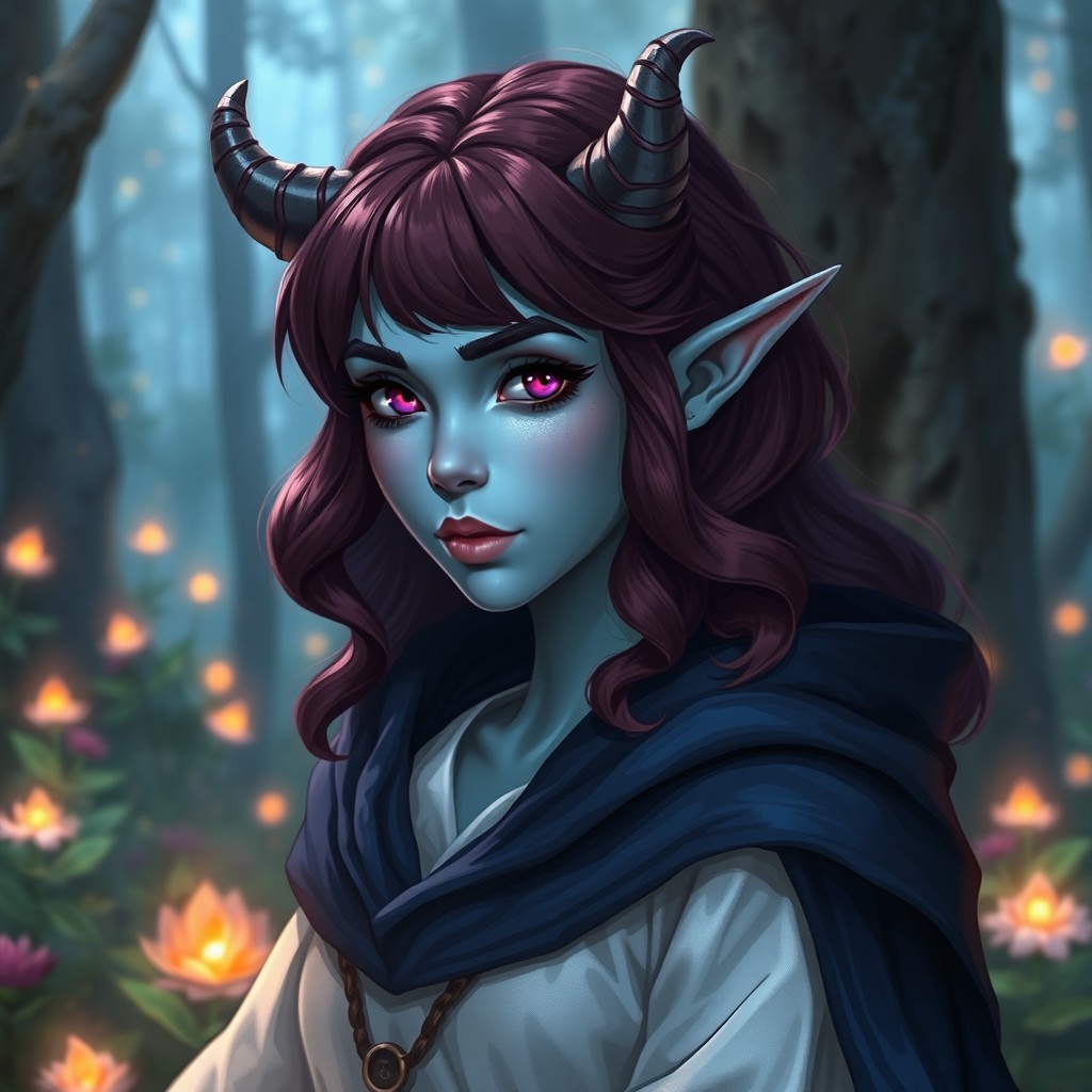 A tiefling female cleric of life, with light blue skin and small, curved horns of the same color protruding from her forehead