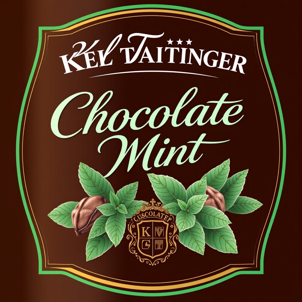 A beautifully designed label for Kel Taitinger Chocolate Mint Liqueur