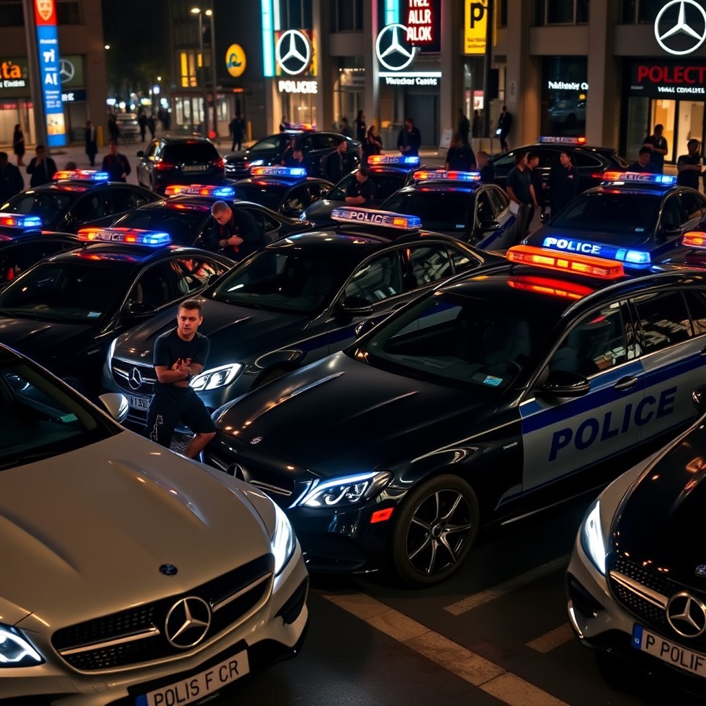 A stunning showcase of police Mercedes vehicles, featuring modern police cars with sleek designs and eye-catching livery