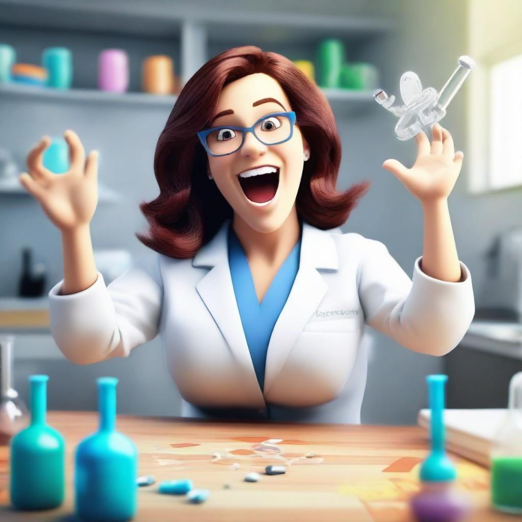 3D image of ecstatic Dr. Lauren in her lab exclaiming 'Eureka! I've found it! The key to true gender equality!'