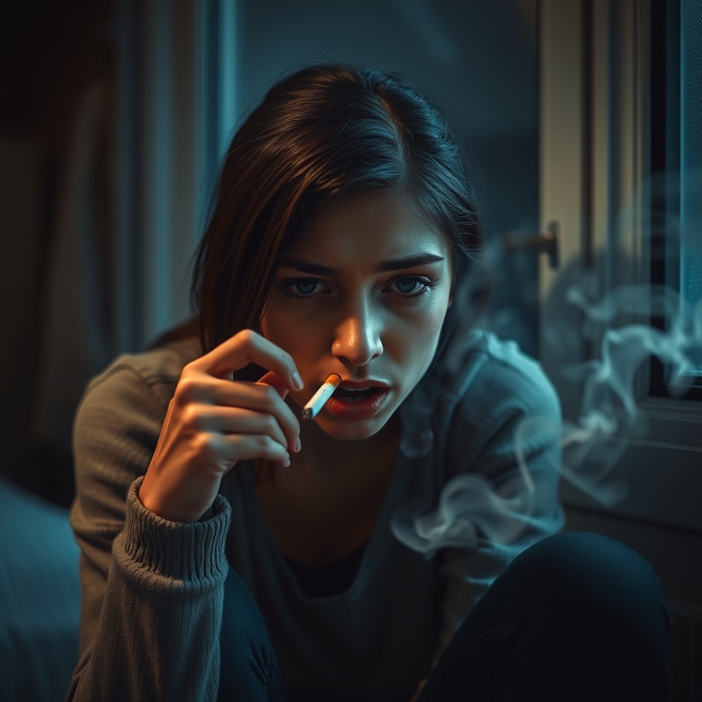 A young woman sitting at home near a window or in a bathroom, smoking a cigarette