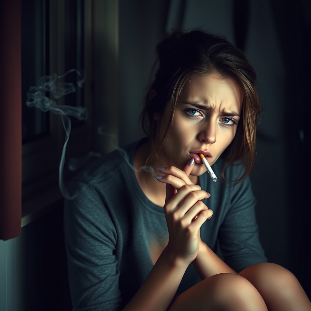 A young woman sitting at home near a window or in a bathroom, smoking a cigarette
