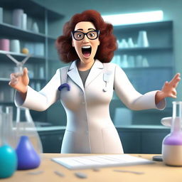 3D image of ecstatic Dr. Lauren in her lab exclaiming 'Eureka! I've found it! The key to true gender equality!'