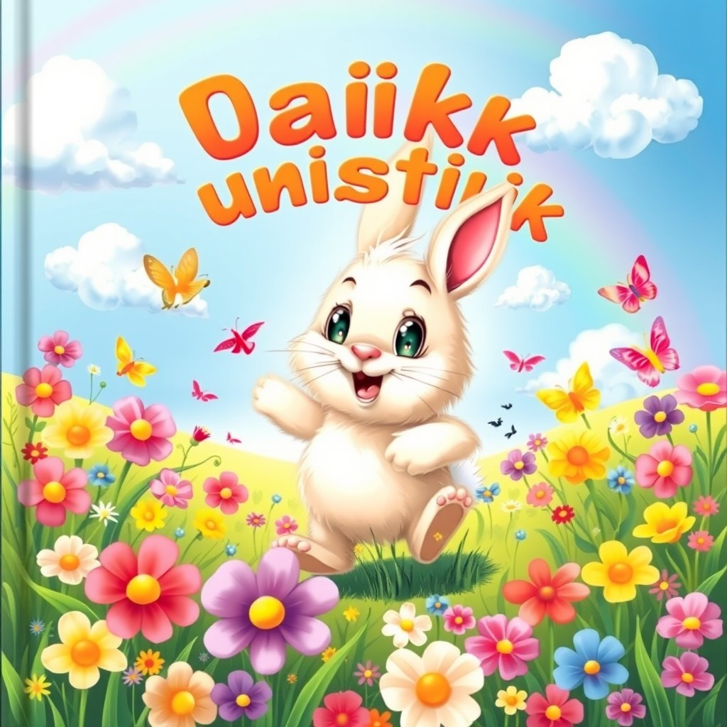 A vibrant and enchanting cover for a children's book titled 'Зайчик Пушистик' (Fluffy Bunny)