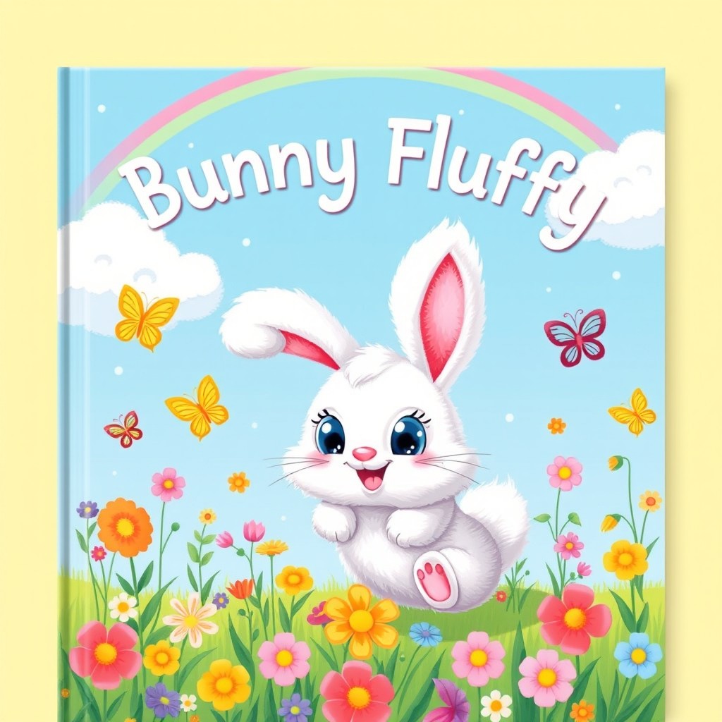 A charming and colorful cover for a children's book titled 'Bunny Fluffy'