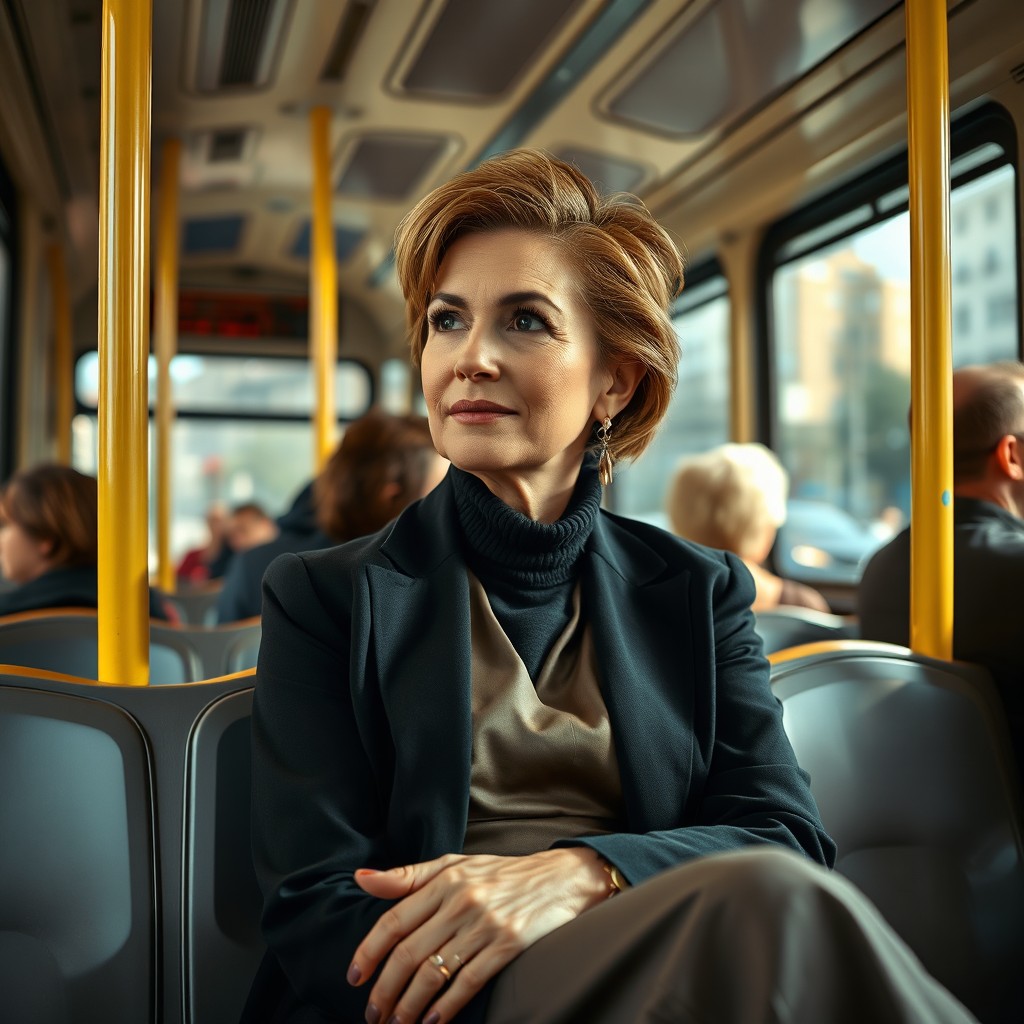A mature woman with an elegant appearance sitting comfortably on a city bus, wearing a stylish outfit that reflects modern fashion