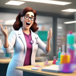 3D image of ecstatic Dr. Lauren in her lab exclaiming 'Eureka! I've found it! The key to true gender equality!'