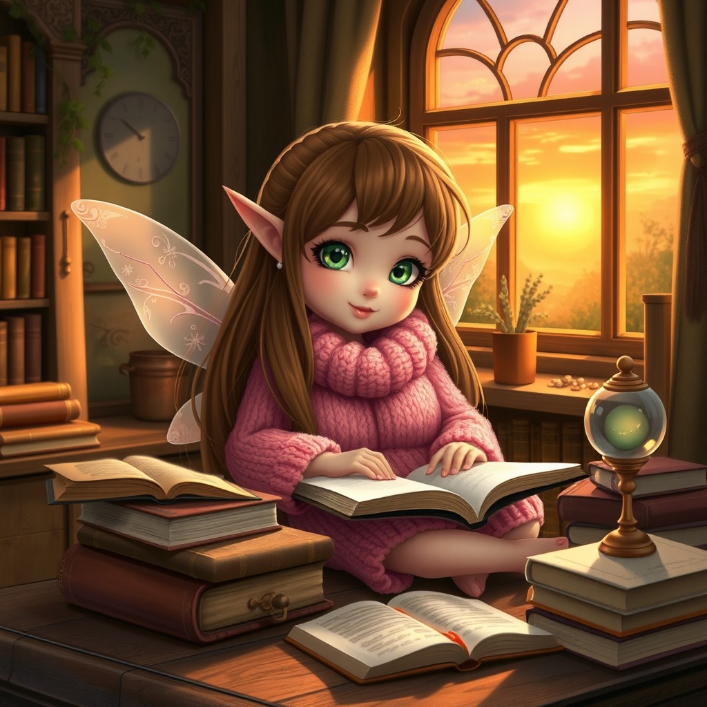 A plump fairy with long brown hair and light green eyes, wearing pink wool clothing, sitting at a desk studying among books