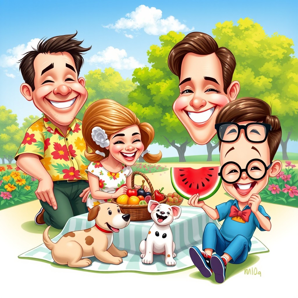 A vibrant caricature of a joyful family gathered around a picnic in a sunny park