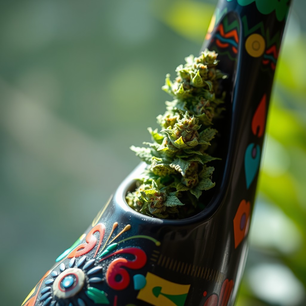 A beautifully detailed close-up of a calumet (a traditional Native American pipe) filled with lush, green marijuana buds
