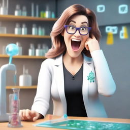 3D image of ecstatic Dr. Lauren in her lab exclaiming 'Eureka! I've found it! The key to true gender equality!'