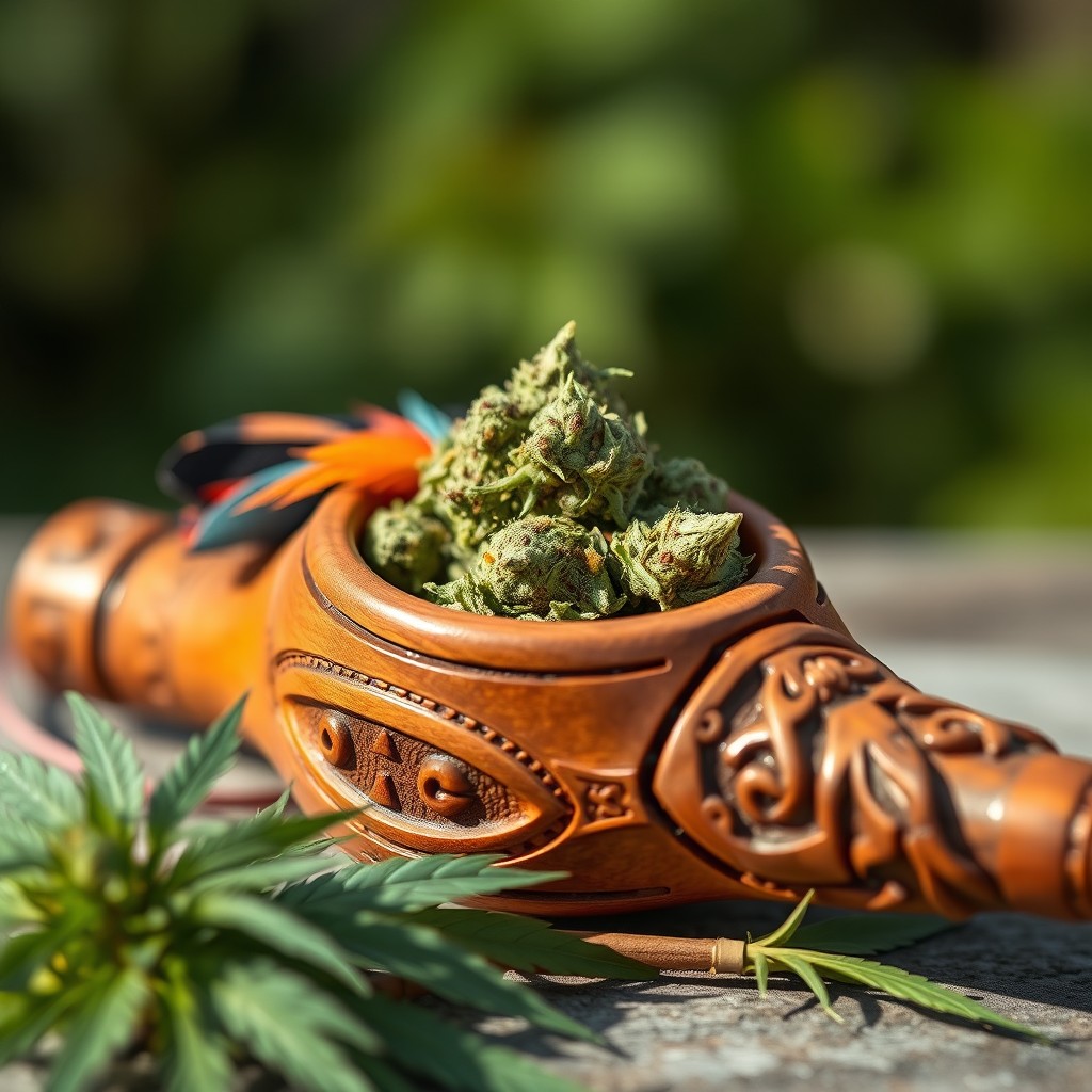 A finely detailed close-up of a traditional wooden calumet (peace pipe) filled with lush, green ganja (marijuana)