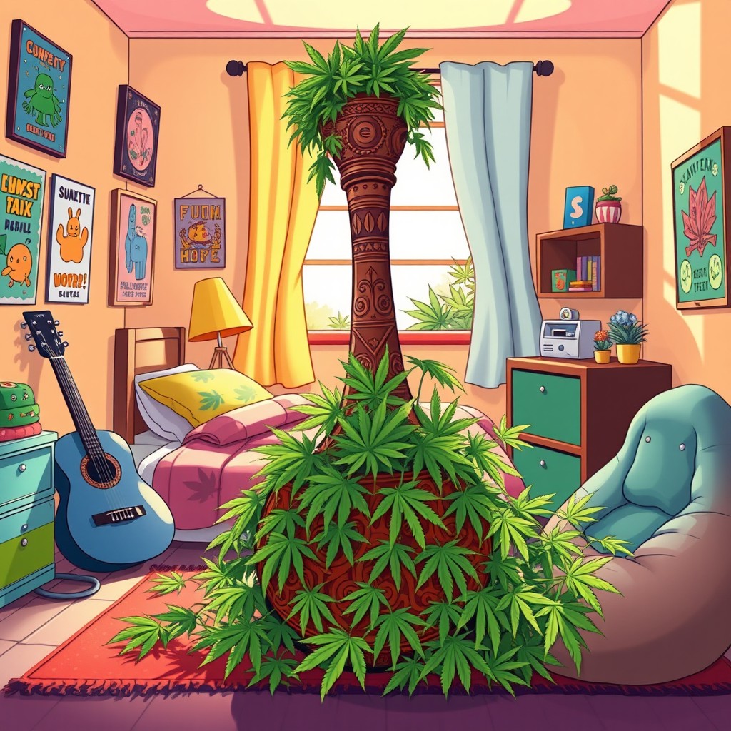 A whimsical cartoon illustration of a cheerful, vibrant bedroom that features a large, ornate calumet (a traditional Native American pipe) filled with lush, green marijuana leaves