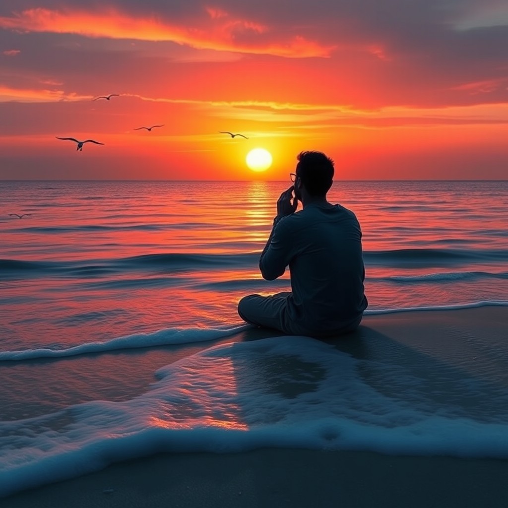 A contemplative scene depicting a lone figure deep in thought, sitting on a serene beach at sunset, gazing at the horizon where the sun meets the ocean