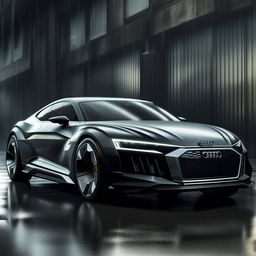 A dramatic 8K resolution, 1080HP picture quality concept of a new, luxurious Audi designed by Cybertruck. This fusion of iconic design is showcased against a rain-drenched background, representing modern innovation and luxury.