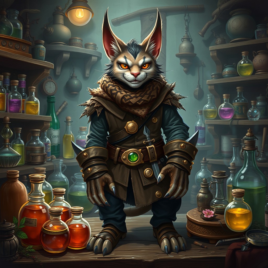A fantasy catfolk ruffian, characterized by feline features such as pointed ears, sharp claws, and feline eyes, dressed in rugged alchemist clothing