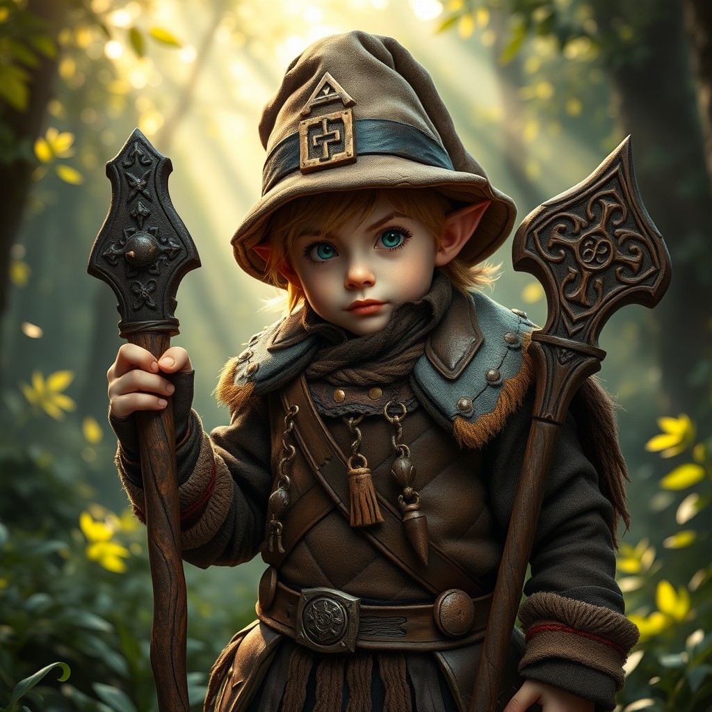 A halfling adventurer dressed in rugged hide armor, exuding a sense of determination and bravery