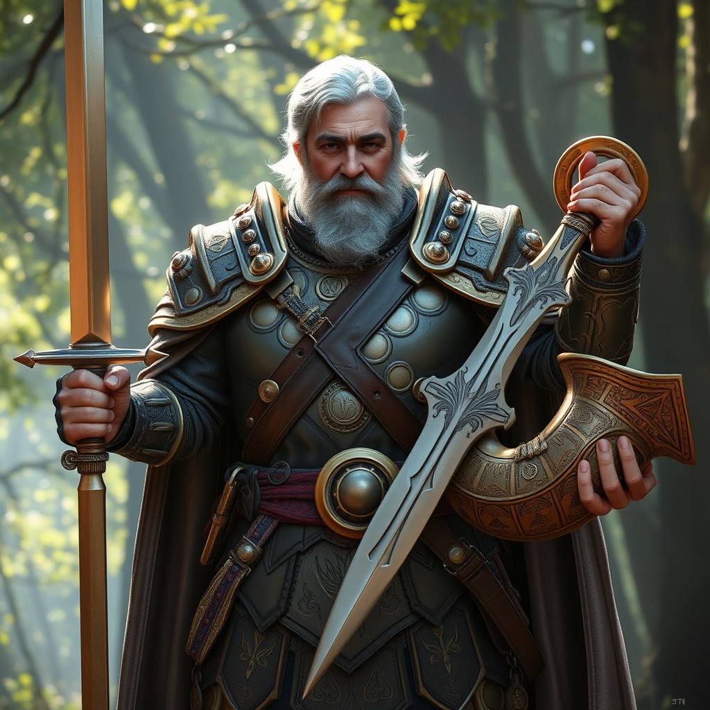 A middle-aged human paladin bard stands heroically, clad in intricate armor featuring golden accents, symbolizing their dual role as a protector and musician