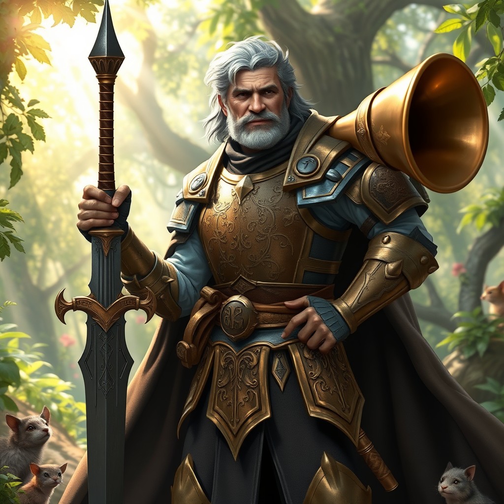 A middle-aged human paladin bard, standing confidently with a finely crafted sword in one hand and a large, shiny brass horn in the other