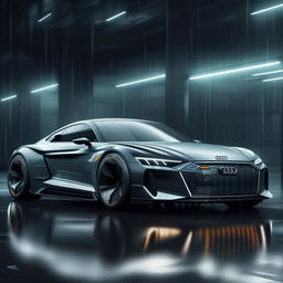 A dramatic 8K resolution, 1080HP picture quality concept of a new, luxurious Audi designed by Cybertruck. This fusion of iconic design is showcased against a rain-drenched background, representing modern innovation and luxury.