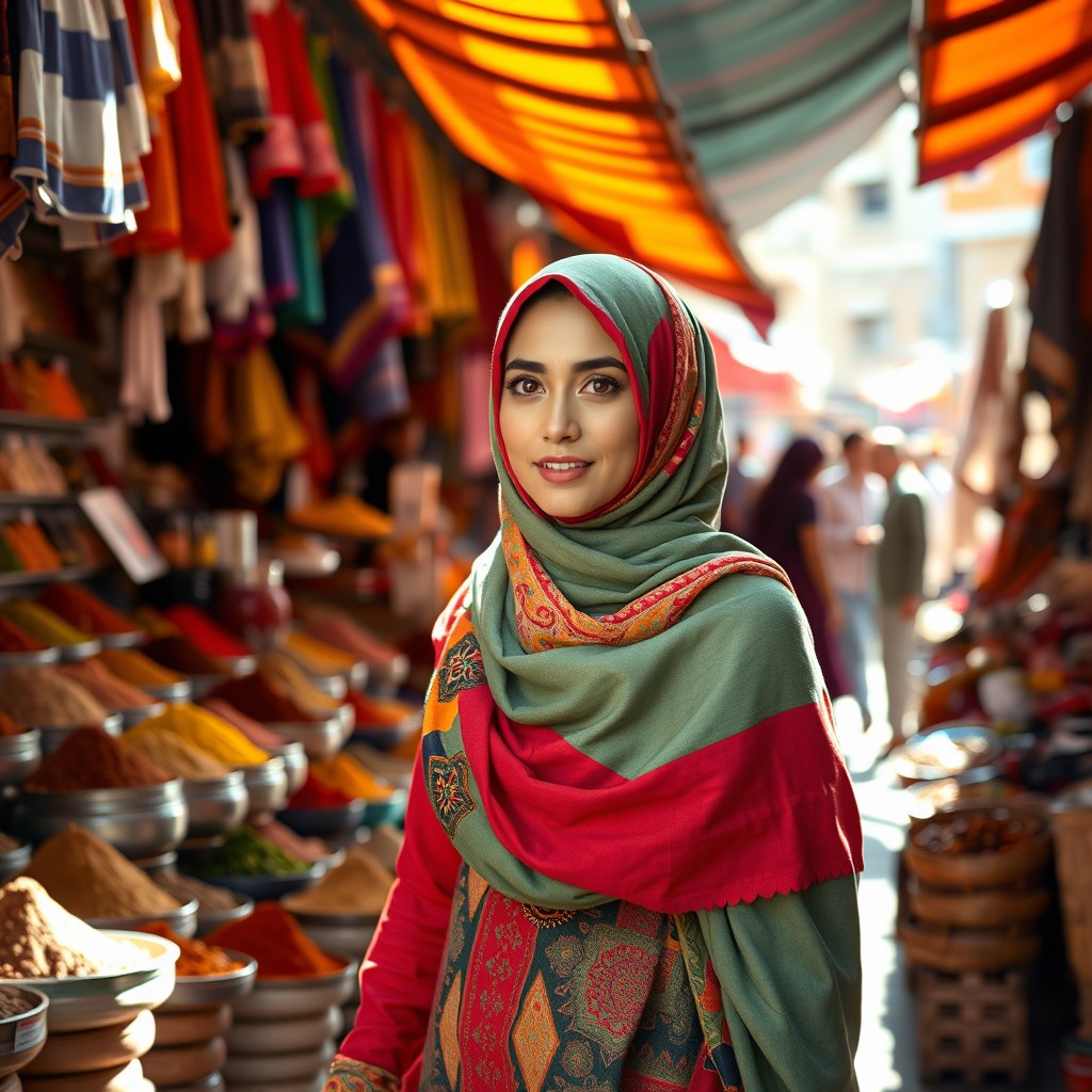 A beautiful moslima wearing a colorful hijab and traditional attire, walking gracefully through a vibrant market filled with spices and textiles