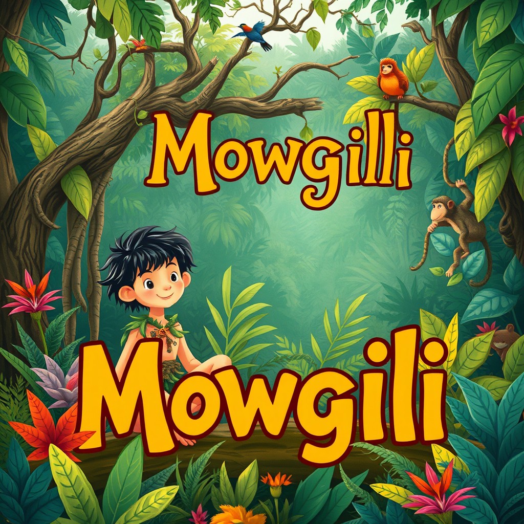A captivating book cover illustration for a story about Mowgli, showcasing a lush, vibrant jungle filled with exotic plants and trees