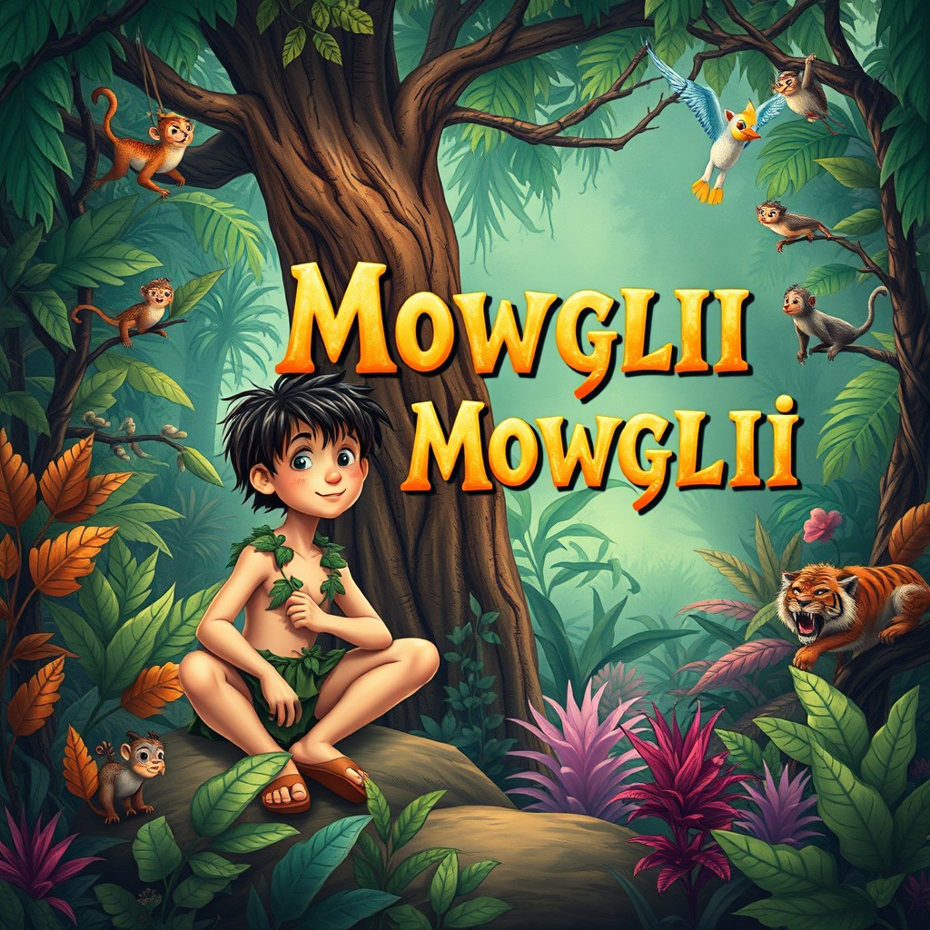 A captivating book cover illustration for a story about Mowgli, showcasing a vibrant and lush jungle filled with exotic plants and trees