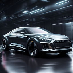 A dramatic 8K resolution, 1080HP picture quality concept of a new, luxurious Audi designed by Cybertruck. This fusion of iconic design is showcased against a rain-drenched background, representing modern innovation and luxury.